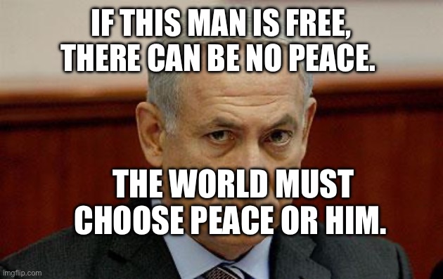 bibi | If this man is free, there can be no peace. The world must choose peace or him. | image tagged in bibi | made w/ Imgflip meme maker