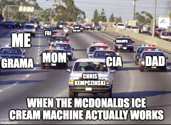 FINALLY | that one guy; FBi; me; grampa; mom; dad; grama; cia; Chris Kempczinski; when the mcdonalds ice cream machine actually works | image tagged in police chase,ice creamn,mcdonalds | made w/ Imgflip meme maker