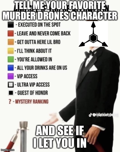 Hmmm | Tell me your favorite murder drones character; And see if I let you in | image tagged in see if your allowed in,murder drones | made w/ Imgflip meme maker