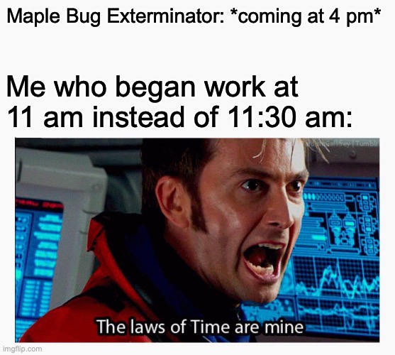 Yeah, kinda happening today so yeah... | Maple Bug Exterminator: *coming at 4 pm*; Me who began work at 11 am instead of 11:30 am: | image tagged in the laws of time are mine | made w/ Imgflip meme maker