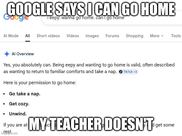 I guess I'm trapped here for aaaaaaaaaaallllllllllllllllll eternity | Google says I can go home; my teacher doesn't | image tagged in sleepy,google,school | made w/ Imgflip meme maker