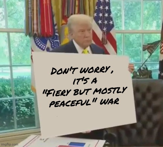Just like the BLM riots , uh . . protests | Don't worry ,
 it's a "Fiery but mostly peaceful" war | image tagged in your idol president trump,reality can be whatever i want,liberal logic,used against them | made w/ Imgflip meme maker