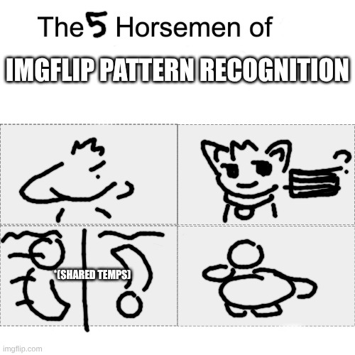 the 5 horsemen of imgflip pattern recognition | imgflip pattern recognition; *(shared temps) | image tagged in four horsemen of | made w/ Imgflip meme maker