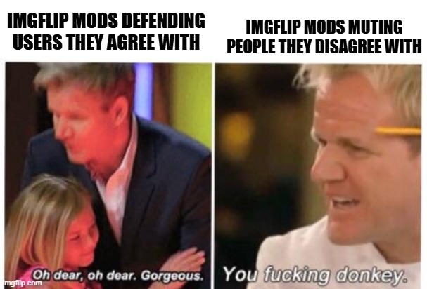 Oh dear, dear gorgeus | imgflip mods defending users they agree with; imgflip mods muting people they disagree with | image tagged in oh dear dear gorgeus,hypocrisy,imgflip mods,mods | made w/ Imgflip meme maker