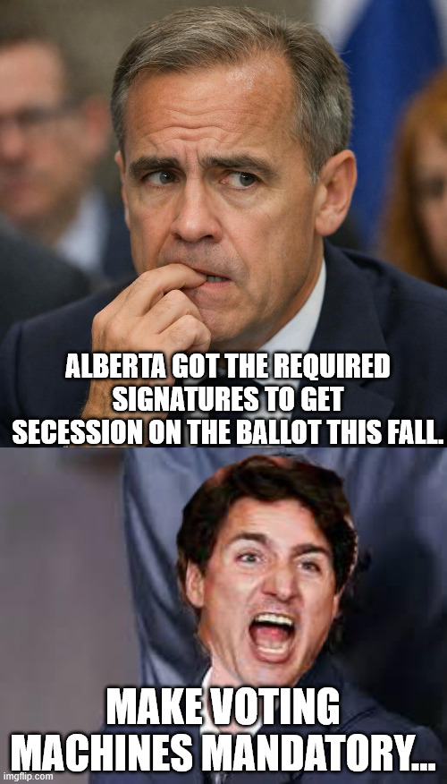 Dr. Evil and Frau | Alberta got the required signatures to get secession on the ballot this fall. Make voting machines mandatory... | image tagged in dr evil and frau,alberta,carney squirms | made w/ Imgflip meme maker