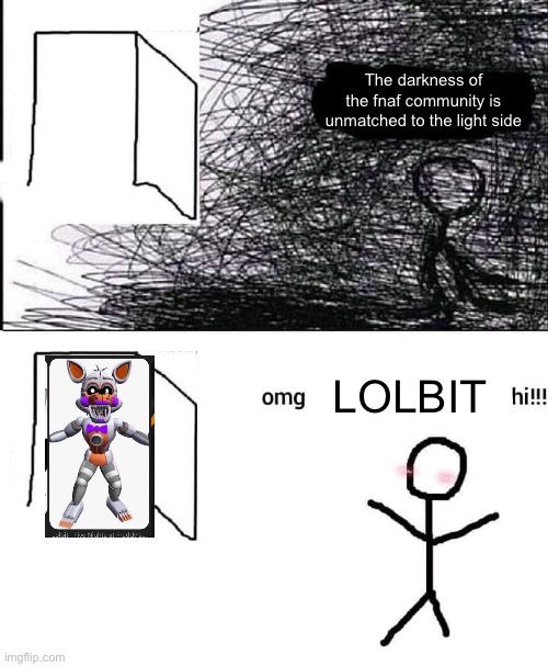 Hi keep on posting about LOLBIT plz | The darkness of the fnaf community is unmatched to the light side; LOLBIT | image tagged in omg hi | made w/ Imgflip meme maker
