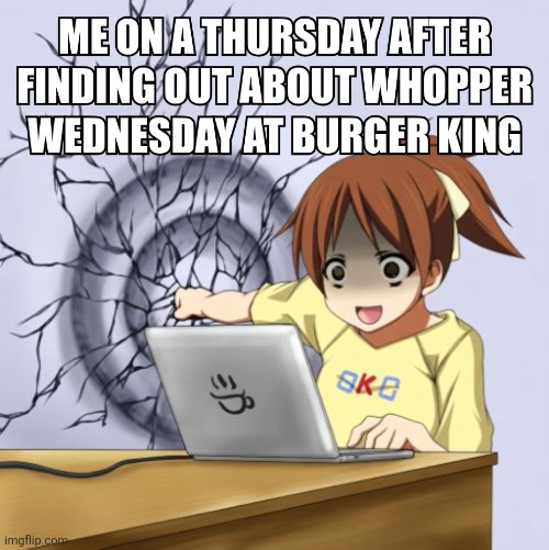 They're $3.99 On Wednesdays | image tagged in anime girl,anime,memes,burger king,anime wall punch,whopper | made w/ Imgflip meme maker