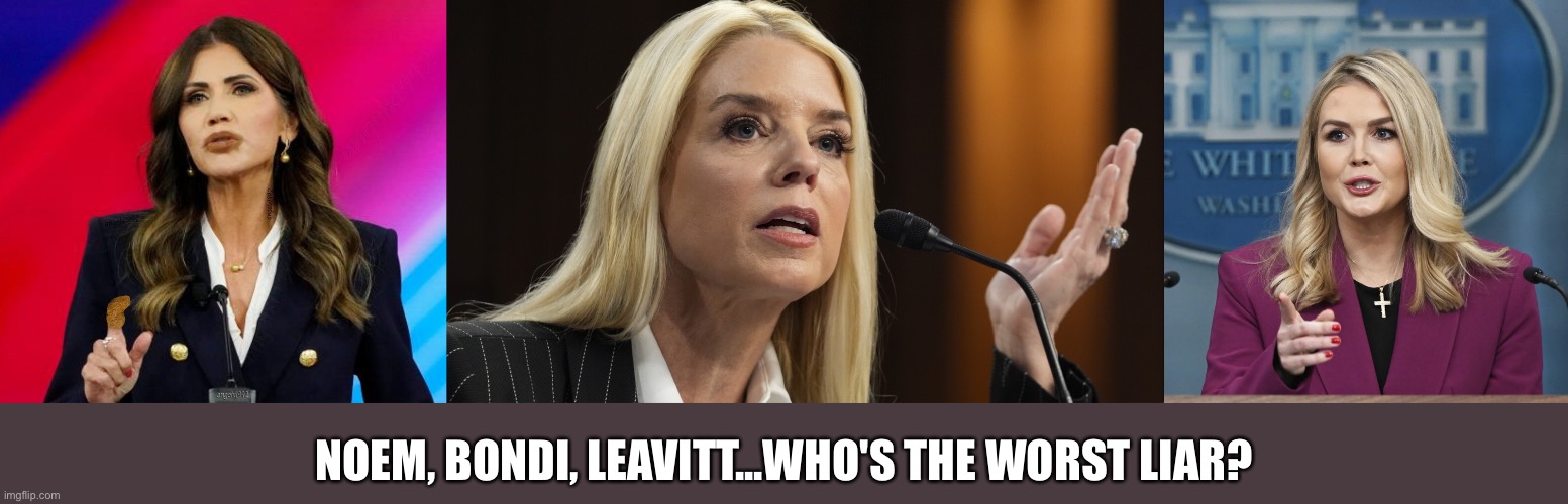 A three-way tie, maybe? | Noem, Bondi, Leavitt...Who's the worst liar? | image tagged in kristi noem,pam bondi dog ate my homework,karoline leavitt | made w/ Imgflip meme maker