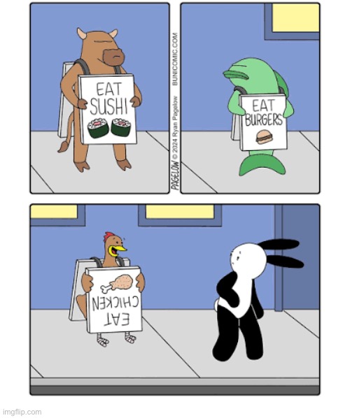 Buni Comics | image tagged in comics,buni comics,bull,fish,chicken,dumb | made w/ Imgflip meme maker