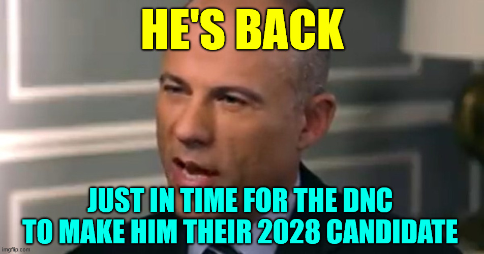 Just in time | He's back; Just in time for the DNC to make him their 2028 candidate | image tagged in dnc 2028 pick,avenatti | made w/ Imgflip meme maker