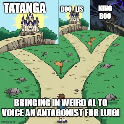 I'm not saying they have to bring Weird Al into the Mario Movies, but I'm not saying they Shouldn't, either. | Tatanga; Doo_lis; King
Boo; Bringing in Weird Al to Voice an Antagonist for Luigi | image tagged in dramatic crosswords 2 good paths | made w/ Imgflip meme maker