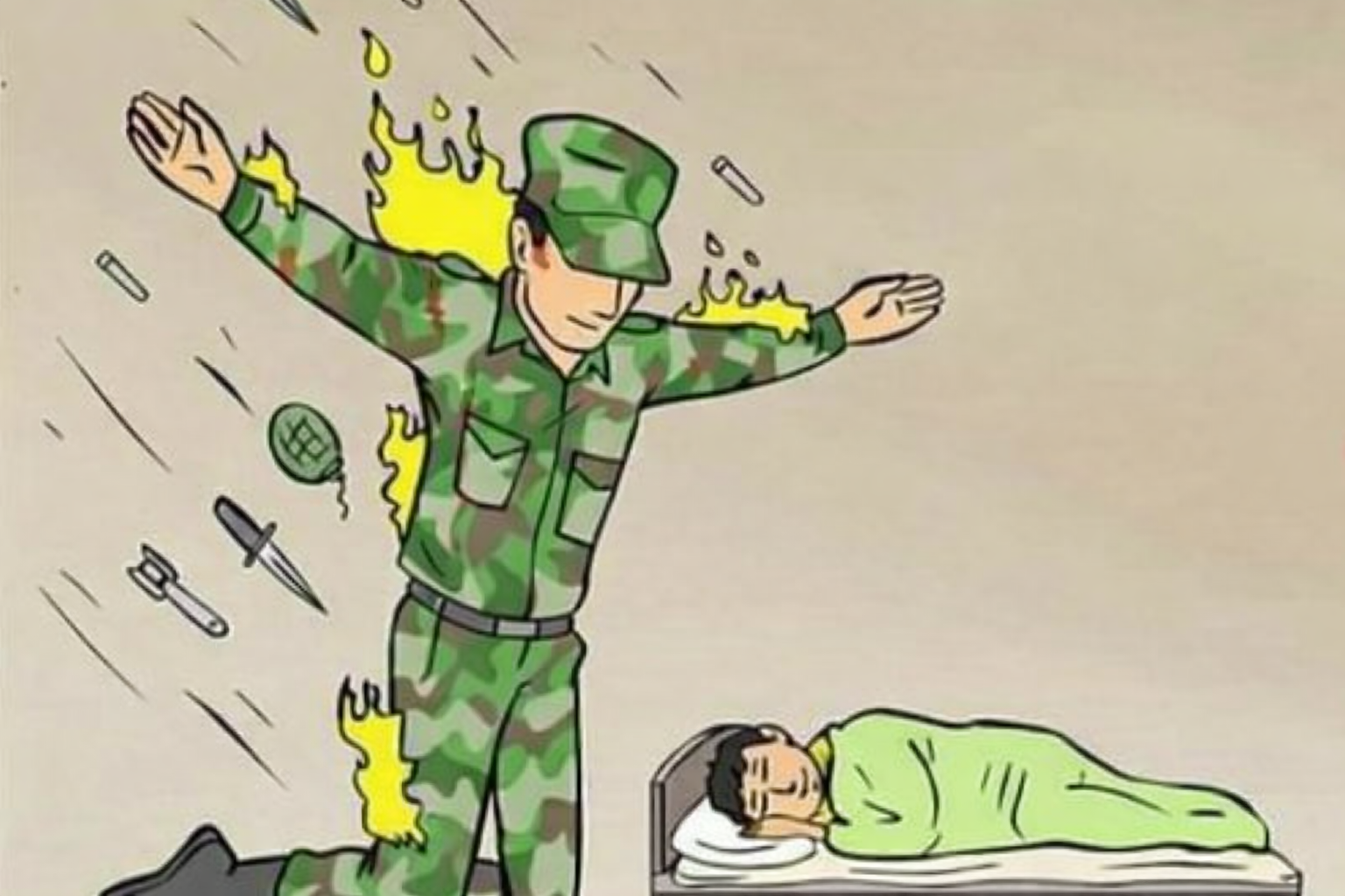 Soldier protecting sleeping child safe Blank Meme Template