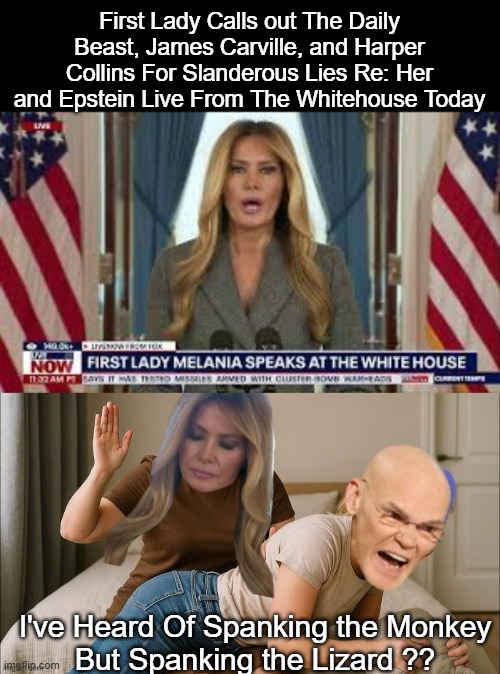 Hope she sues the shit out of every one of the Scum Bags | First Lady Calls out The Daily Beast, James Carville, and Harper Collins For Slanderous Lies Re: Her and Epstein Live From The Whitehouse Today; I've Heard Of Spanking the Monkey
But Spanking the Lizard ?? | image tagged in melania calls out carville live whitehouse meme | made w/ Imgflip meme maker