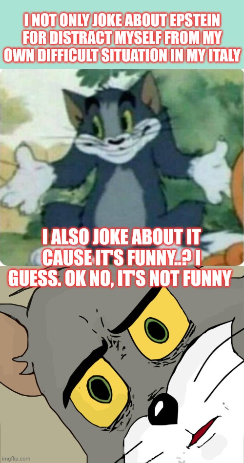 I not only joke about Epstein for distract myself from my own difficult situation in my Italy; I also joke about it cause it's funny..? I guess. Ok no, it's not funny | image tagged in tom shrugging,memes,unsettled tom | made w/ Imgflip meme maker