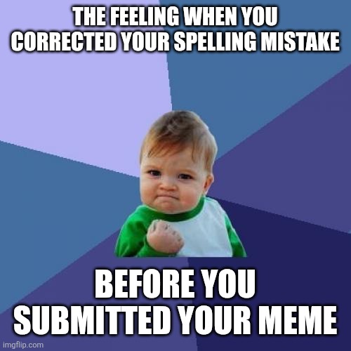 That amuses me | The feeling when you corrected your spelling mistake; Before you submitted your meme | image tagged in memes,success kid,spelling error,funny | made w/ Imgflip meme maker