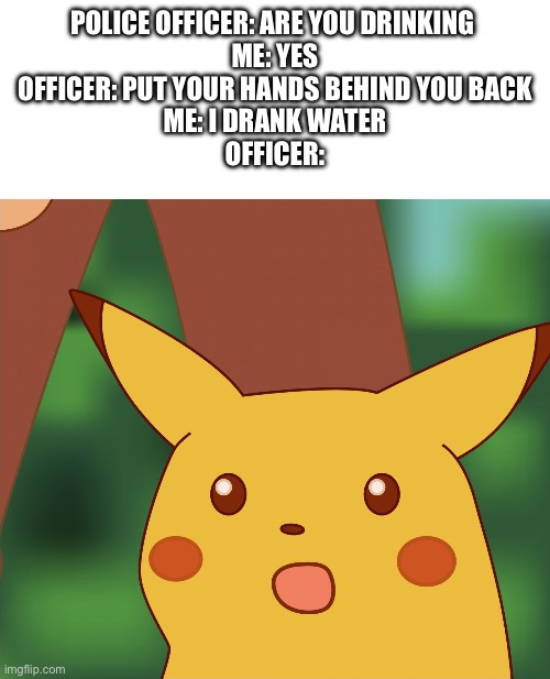 Officer | Police officer: Are you drinking 
Me: Yes
Officer: Put your hands behind you back
Me: I drank water

Officer: | image tagged in surprised pikachu high quality | made w/ Imgflip meme maker