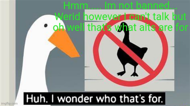Goose Wonder | Hmm..... Im not banned... Werid however I can't talk but oh well that's what alts are for | image tagged in goose wonder | made w/ Imgflip meme maker