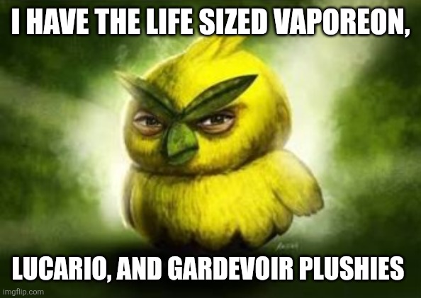 Had to make the text pokemon related | I have the life sized vaporeon, Lucario, and gardevoir plushies | image tagged in realistic browt,angry birds,realistic angry bird,pokemon memes,funny pokemon,oh wow are you actually reading these tags | made w/ Imgflip meme maker