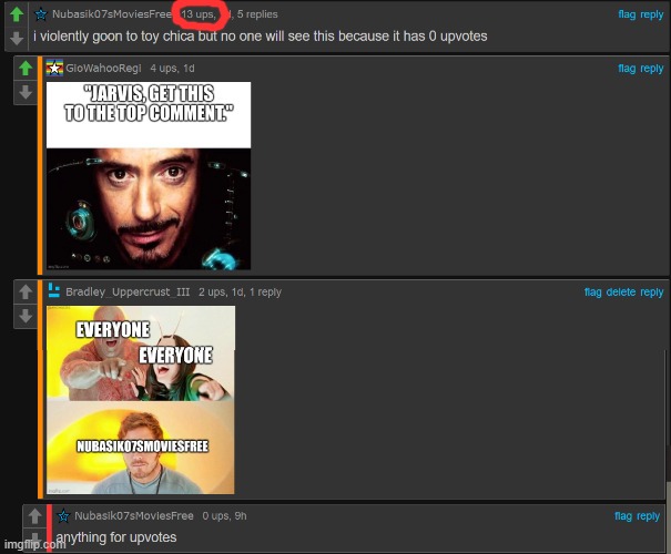 This is a repost but he let me. Link is in the comments | image tagged in comments,comment,fnaf,guardians of the galaxy,chica,iron man | made w/ Imgflip meme maker