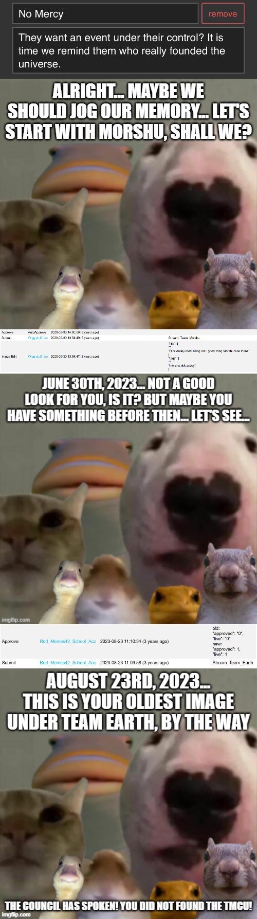 Hmm... Let's check the facts... | alright... maybe we should jog our memory... let's start with morshu, shall we? | image tagged in the council remastered | made w/ Imgflip meme maker