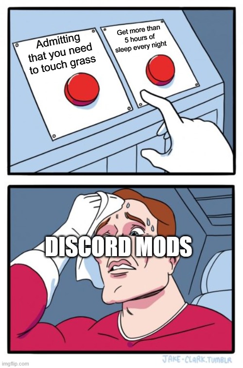 Discord Mods | Get more than 5 hours of sleep every night; Admitting that you need to touch grass; Discord Mods | image tagged in memes,two buttons | made w/ Imgflip meme maker