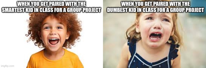 Group projects | When you get paired with the dumbest kid in class for a group project; When you get paired with the smartest kid in class for a group project | made w/ Imgflip meme maker