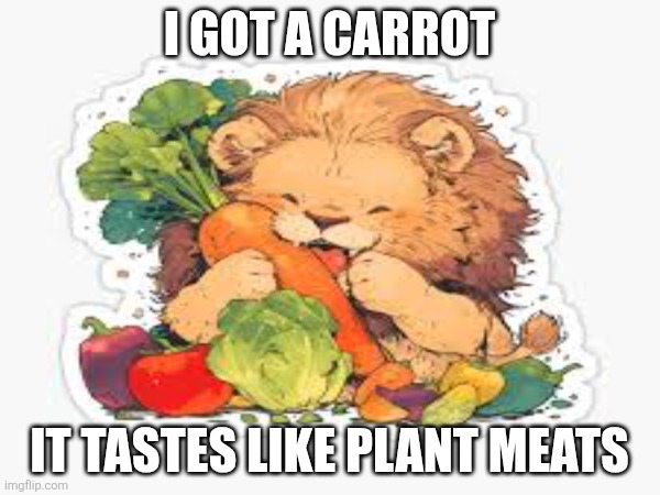 Is this Cat Food? | I got a carrot; It tastes like plant meats | image tagged in awkward moment sealion,lion king,lions,the lion guard | made w/ Imgflip meme maker