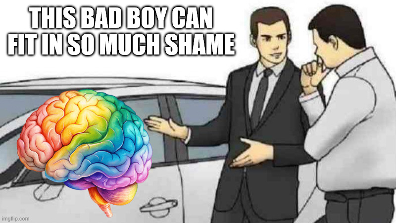 Traumatic Brain | this bad boy can fit in so much shame | image tagged in memes,car salesman slaps roof of car,healing,mental health,trauma | made w/ Imgflip meme maker