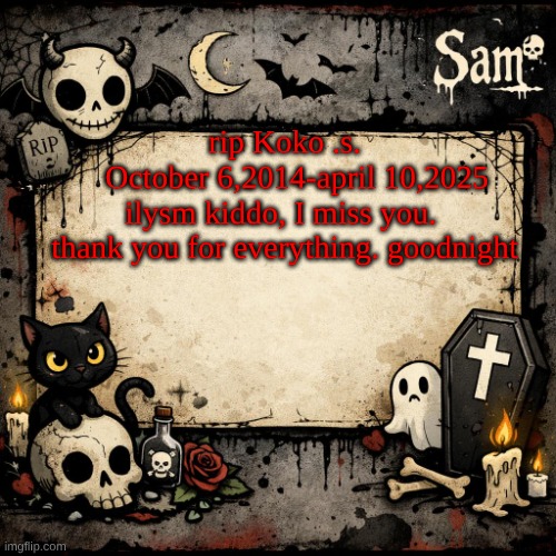 posting this on April 10 every year bc iyk,yk | rip Koko .s.

   October 6,2014-april 10,2025
ilysm kiddo, I miss you. 
thank you for everything. goodnight | image tagged in sam's announcement temp 3 | made w/ Imgflip meme maker