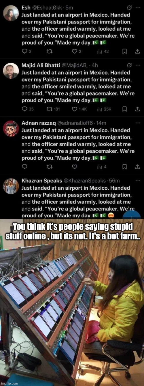 How bot farms work | You think it's people saying stupid stuff online , but its not. It's a bot farm.. | image tagged in bot farm propaganda maga on x,hoax | made w/ Imgflip meme maker