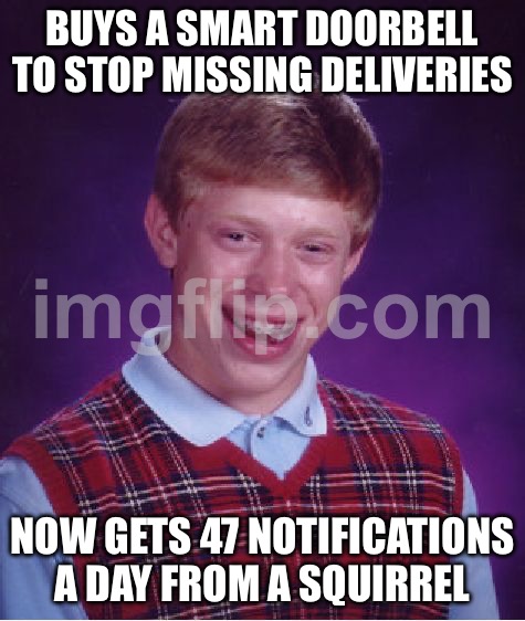 BUYS A SMART DOORBELL TO STOP MISSING DELIVERIES; NOW GETS 47 NOTIFICATIONS A DAY FROM A SQUIRREL | BUYS A SMART DOORBELL TO STOP MISSING DELIVERIES; NOW GETS 47 NOTIFICATIONS A DAY FROM A SQUIRREL | image tagged in memes,bad luck brian,remix,squirrel,delivery,shipping | made w/ Imgflip meme maker