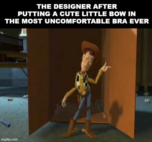 The aesthetics | The designer after putting a cute little bow in the most uncomfortable bra ever | image tagged in cheeky woody,remix | made w/ Imgflip meme maker