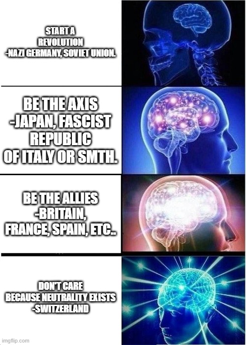is ts good chat | start a revolution
-nazi germany, soviet union. be the axis
-japan, fascist republic of italy or smth. be the allies
-britain, france, spain, etc.. don't care because neutrality exists
-switzerland | image tagged in memes,expanding brain,ww2 | made w/ Imgflip meme maker