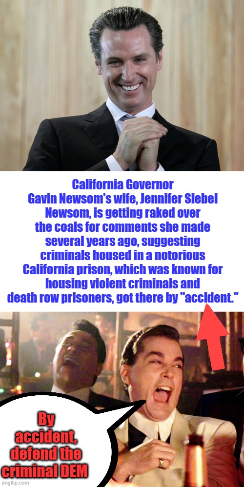 California Governor Gavin Newsom's wife, Jennifer Siebel Newsom, is getting raked over the coals for comments she made several years ago, suggesting criminals housed in a notorious California prison, which was known for housing violent criminals and death row prisoners, got there by "accident."; By accident, defend the criminal DEM | image tagged in scheming gavin newsom,memes,good fellas hilarious | made w/ Imgflip meme maker