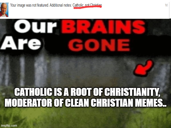 Mod note: because most of Catholicism is a form of idolatry. Such as worshiping Mary. God tells us to worship no one but Him | catholic is a root of christianity, moderator of clean christian memes.. | image tagged in catholicism,catholic,you had one job | made w/ Imgflip meme maker