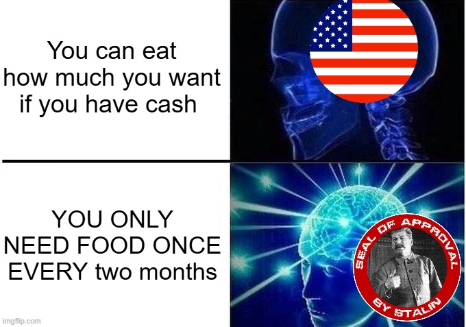 Stalin approved meme | You can eat how much you want if you have cash; YOU ONLY NEED FOOD ONCE EVERY two months | image tagged in expanding brain two frames,ussr | made w/ Imgflip meme maker