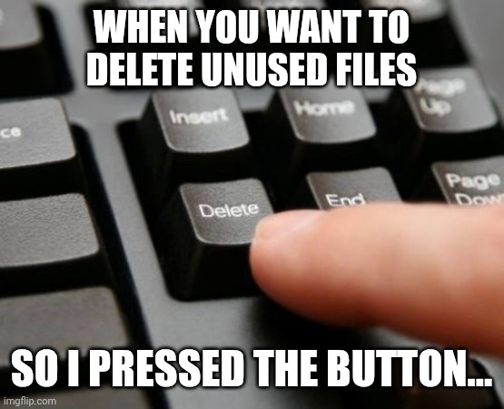 When your finger points to the Delete button | When you want to delete unused files; So I pressed the button... | image tagged in delete,keyboard,finger,button | made w/ Imgflip meme maker