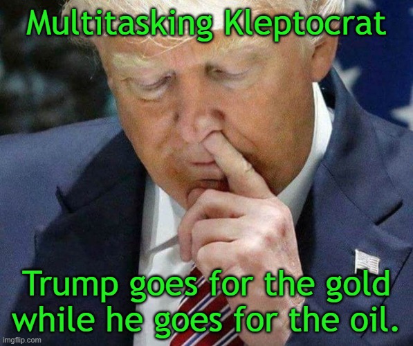 Then, Trump tells his grandchildren to pull his finger. | Multitasking Kleptocrat; Trump goes for the gold
while he goes for the oil. | image tagged in donald trump,insane,murderer,narcissist,pedophile,psychopath | made w/ Imgflip meme maker