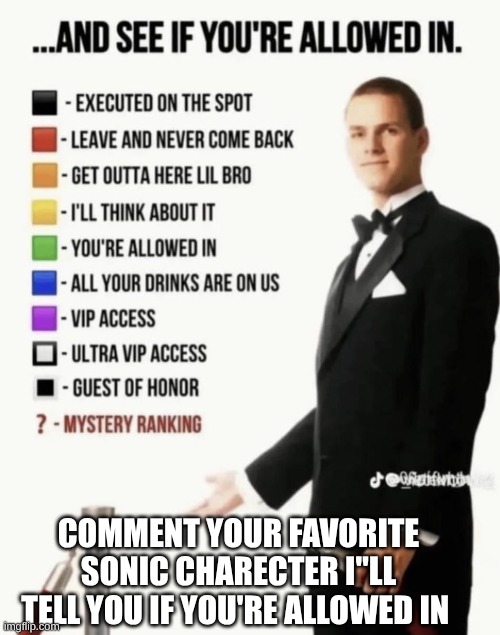 See if your allowed in. | Comment your favorite sonic charecter i"ll tell you if you're allowed in | image tagged in see if your allowed in | made w/ Imgflip meme maker