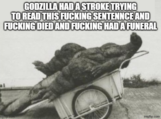 Godzilla had stroke | GODZILLA HAD A STROKE TRYING TO READ THIS FUCKING SENTENNCE AND FUCKING DIED AND FUCKING HAD A FUNERAL | image tagged in godzilla had stroke | made w/ Imgflip meme maker