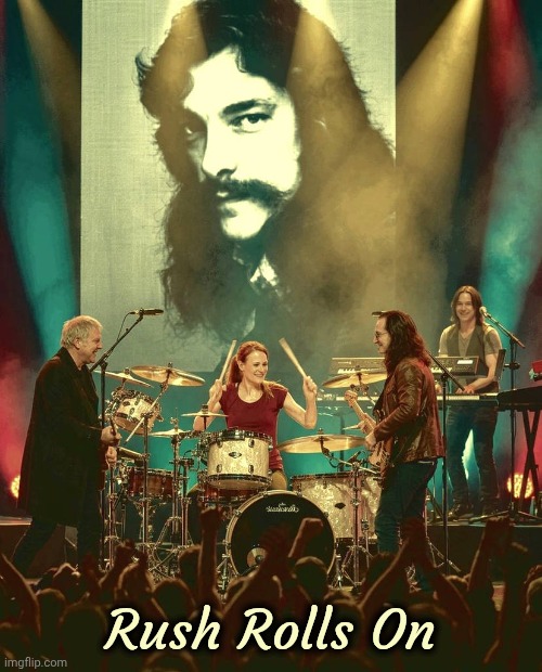 They said it couldn't be done | Rush Rolls On | image tagged in geddy lee,alex lifeson,anika nilles,neil peart,classic rock,2026 tour | made w/ Imgflip meme maker