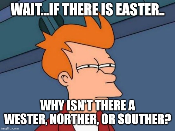 Futurama Fry | Wait...if there is easter.. why isn't there a wester, norther, or souther? | image tagged in memes,futurama fry | made w/ Imgflip meme maker