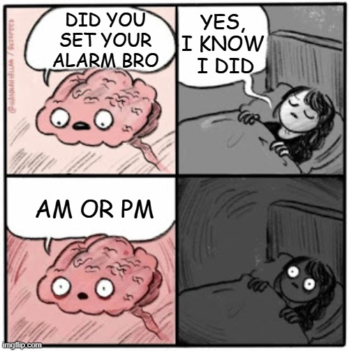 Brain Before Sleep | YES, I KNOW
 I DID; DID YOU SET YOUR ALARM BRO; AM OR PM | image tagged in brain before sleep | made w/ Imgflip meme maker