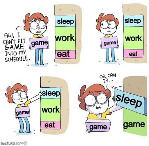 Schedule meme | sleep; sleep; work; work; game; game; game; eat; eat; sleep; sleep; work; game; game; eat; game | image tagged in schedule meme | made w/ Imgflip meme maker