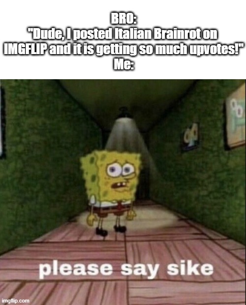 I doubt we are surviving the next generation | BRO:
"Dude, I posted Italian Brainrot on 
IMGFLIP and it is getting so much upvotes!"

Me: | image tagged in please say sike | made w/ Imgflip meme maker