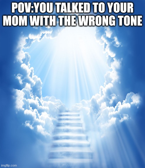 no im sorry mom | pov:you talked to your mom with the wrong tone | image tagged in heaven,parents | made w/ Imgflip meme maker