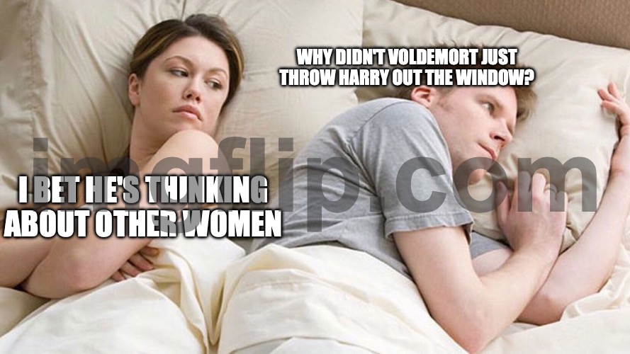 Couple He must be thinking about X | Why didn't Voldemort just throw harry out the window? I bet he's thinking about other women | image tagged in harry potter | made w/ Imgflip meme maker