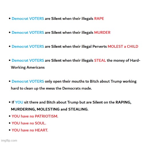 Democrats only Bitch about Trump and are silent to the KILLING, Raping their illegals do | image tagged in democrats are silent | made w/ Imgflip meme maker