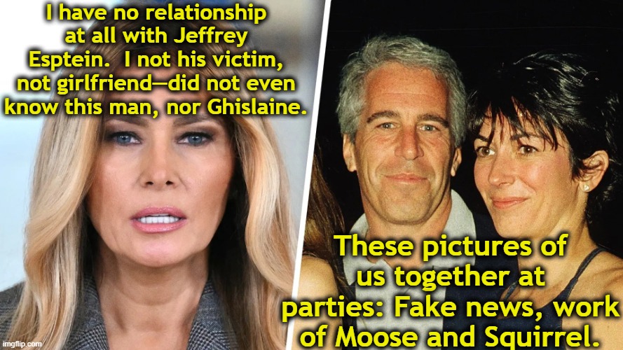 Melania's Denial | I have no relationship at all with Jeffrey Esptein.  I not his victim, not girlfriend—did not even know this man, nor Ghislaine. These pictures of us together at parties: Fake news, work of Moose and Squirrel. | image tagged in melania trump,melania trump meme,maga,it's a conspiracy,right wing,fake news | made w/ Imgflip meme maker
