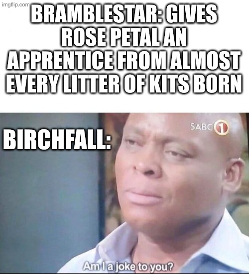 why does rosepetal get all the apprentices | BRAMBLESTAR: GIVES ROSE PETAL AN APPRENTICE FROM ALMOST EVERY LITTER OF KITS BORN; BIRCHFALL: | image tagged in am i a joke to you,remix,meme,warrior cats | made w/ Imgflip meme maker